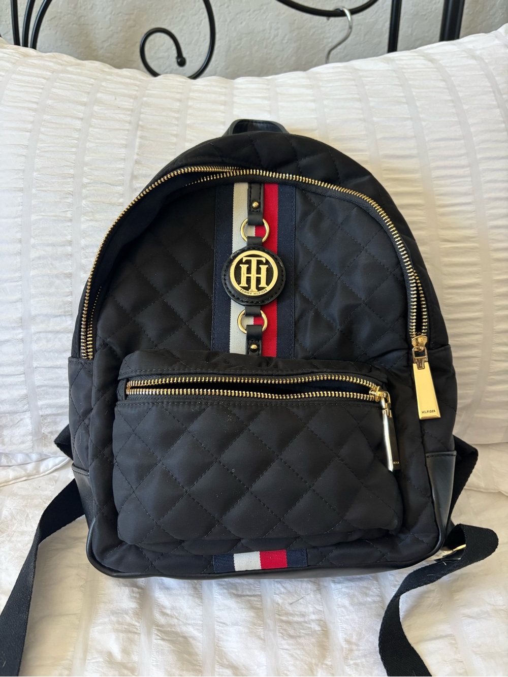 Tommy Hilfiger Black Quilted Backpack with Signature Red, White & Blue Stripe